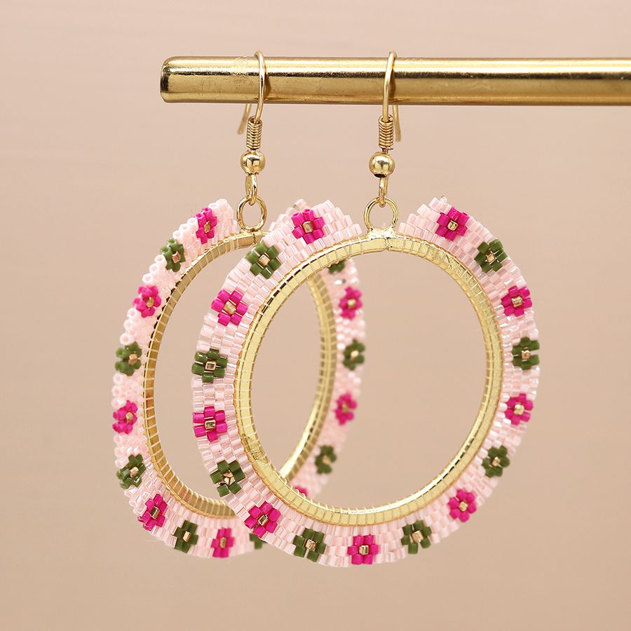 Pink mix beaded flower hoop drop earrings