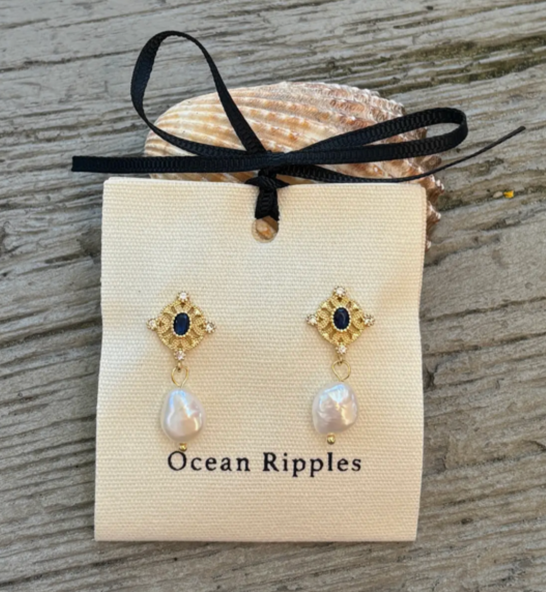 14ct Gold Plated Fresh Water Pearl Blue Filigree Earrings
