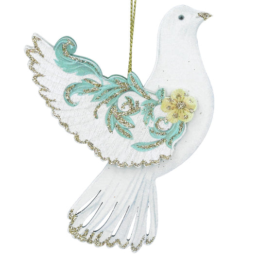 Gisela Graham | Green, Gold & Cream Rococo Dove | Wooden Christmas Tree Decoration