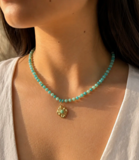 Amazonite Pendant Bead Necklace | 18ct Gold Plated