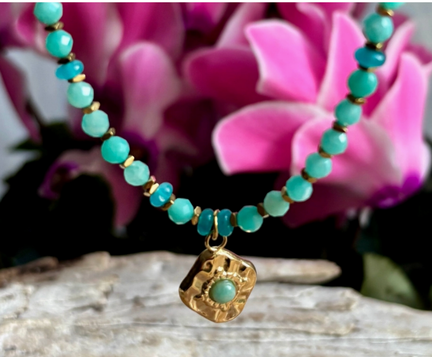 Amazonite Pendant Bead Necklace | 18ct Gold Plated