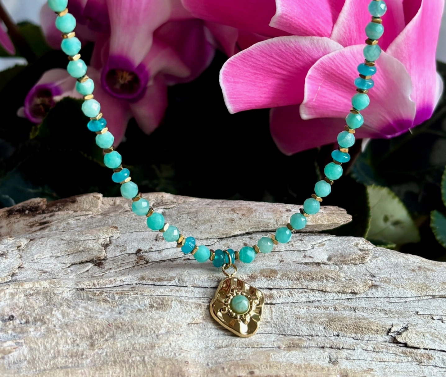 Amazonite Pendant Bead Necklace | 18ct Gold Plated