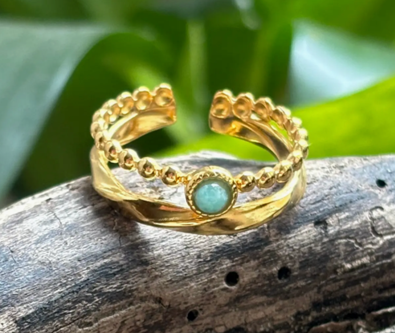 18ct Gold Plated Amazonite Double Band Adjustable Ring