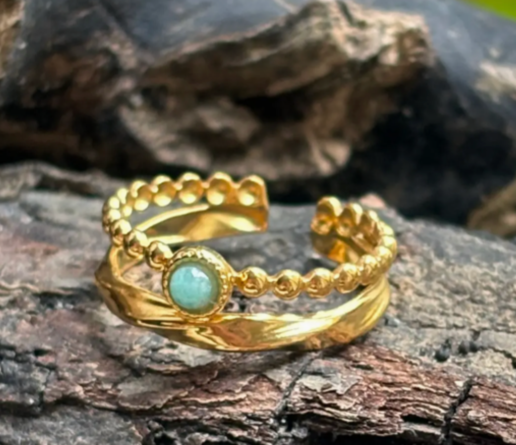 18ct Gold Plated Amazonite Double Band Adjustable Ring