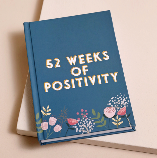 Positivity gratitude journal with teal cover decorated with pink flowers