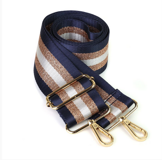 Blue, white and rose gold stripe bag strap
