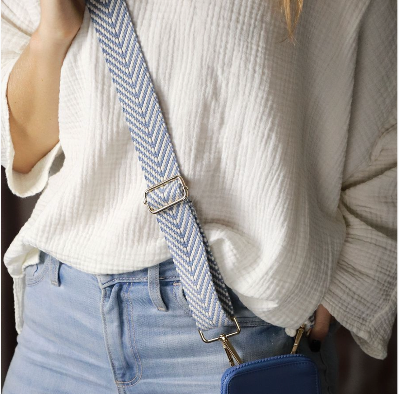 Blue and White Woven Chevron Bag Strap