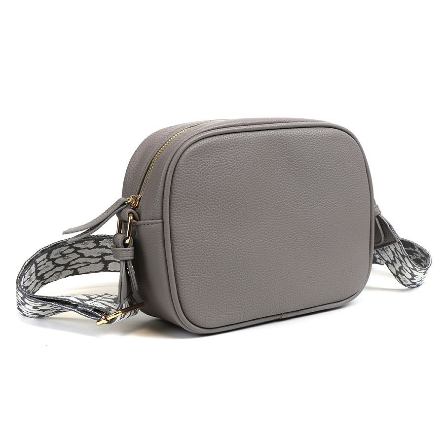 Dove Grey Crossbody Camera Bag with Animal Print Strap