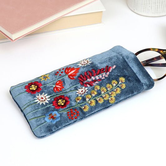 Dusky Blue Velvet Embellished Wildflower Glasses Case