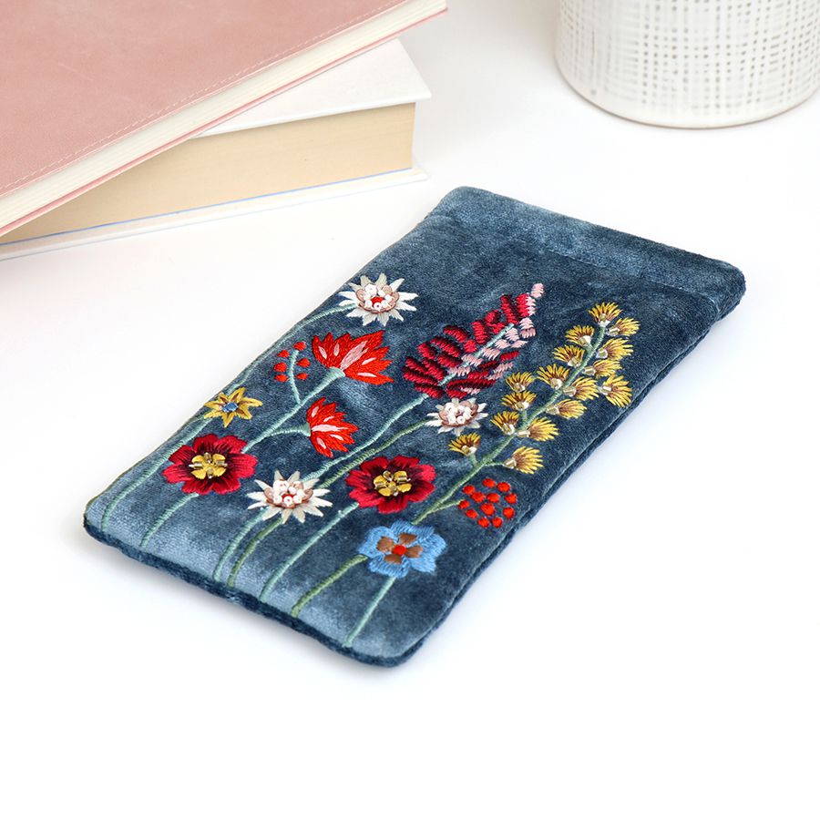 Dusky Blue Velvet Embellished Wildflower Glasses Case