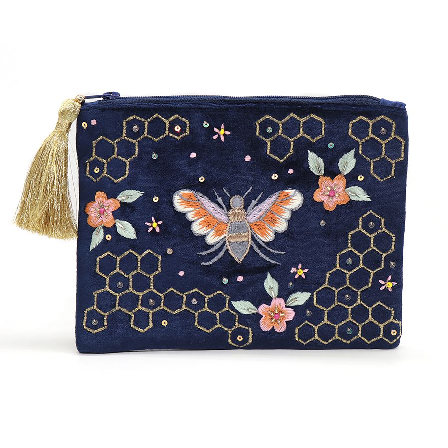 Navy velvet, embroidered bee and honeycomb purse