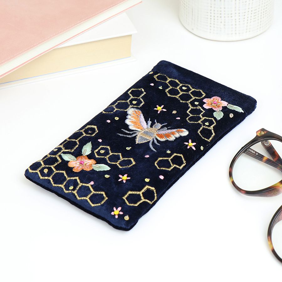 Navy Blue Velvet Embellished Bee & Honeycomb Glasses Case