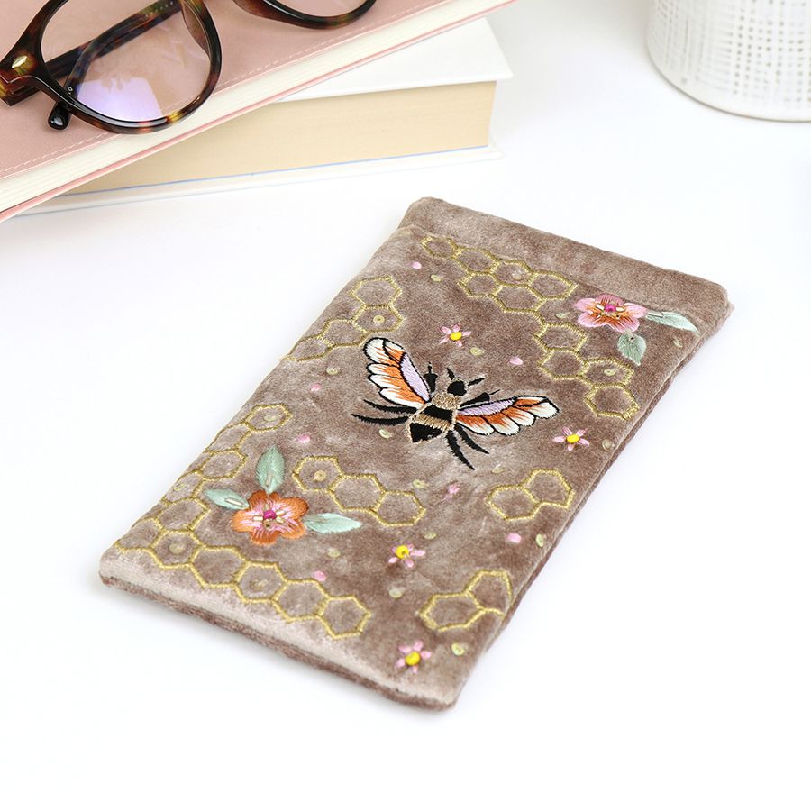 Golden Velvet Embellished Bee & Honeycomb Glasses Case