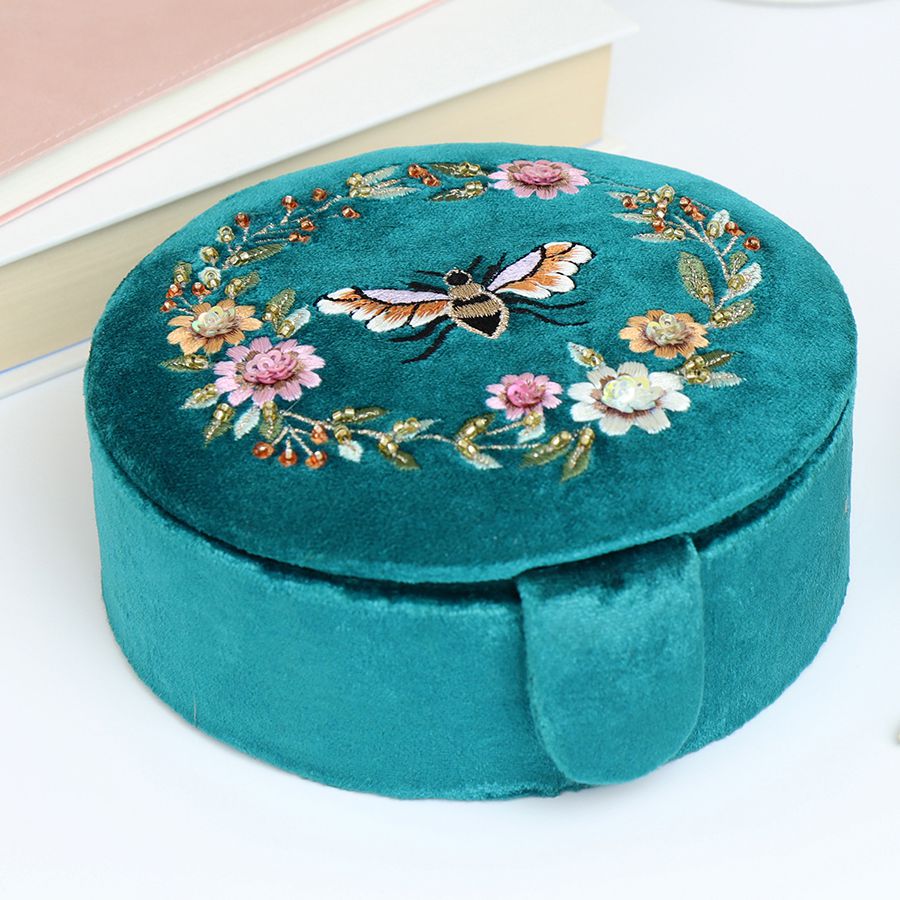 Teal velvet floral bee jewellery box