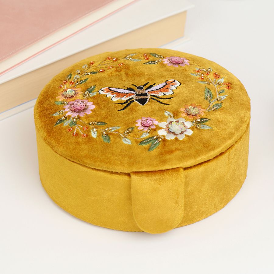 Mustard velvet floral bee jewellery box