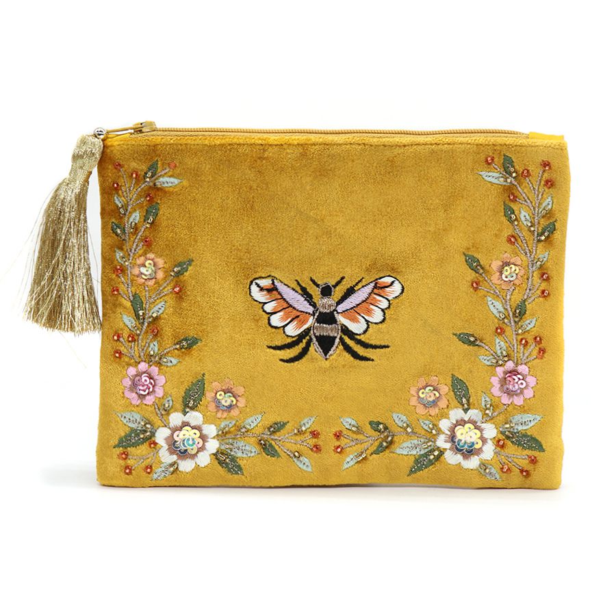 Mustard velvet floral bee coin purse