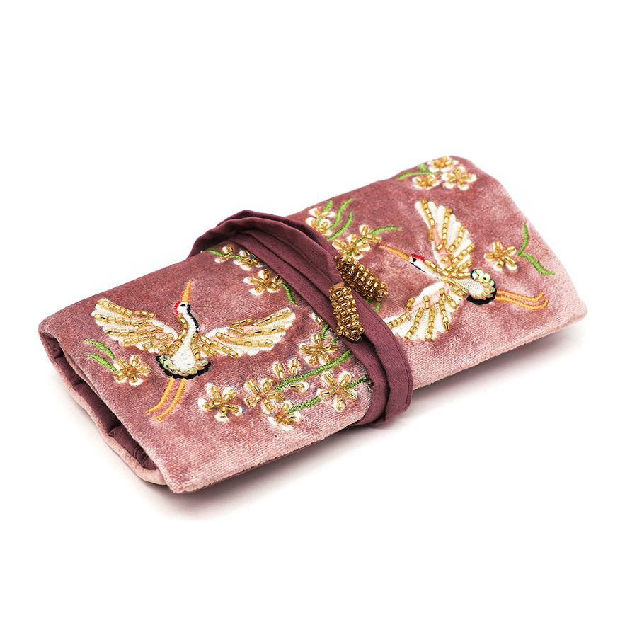 Pink velvet floral crane jewellery roll