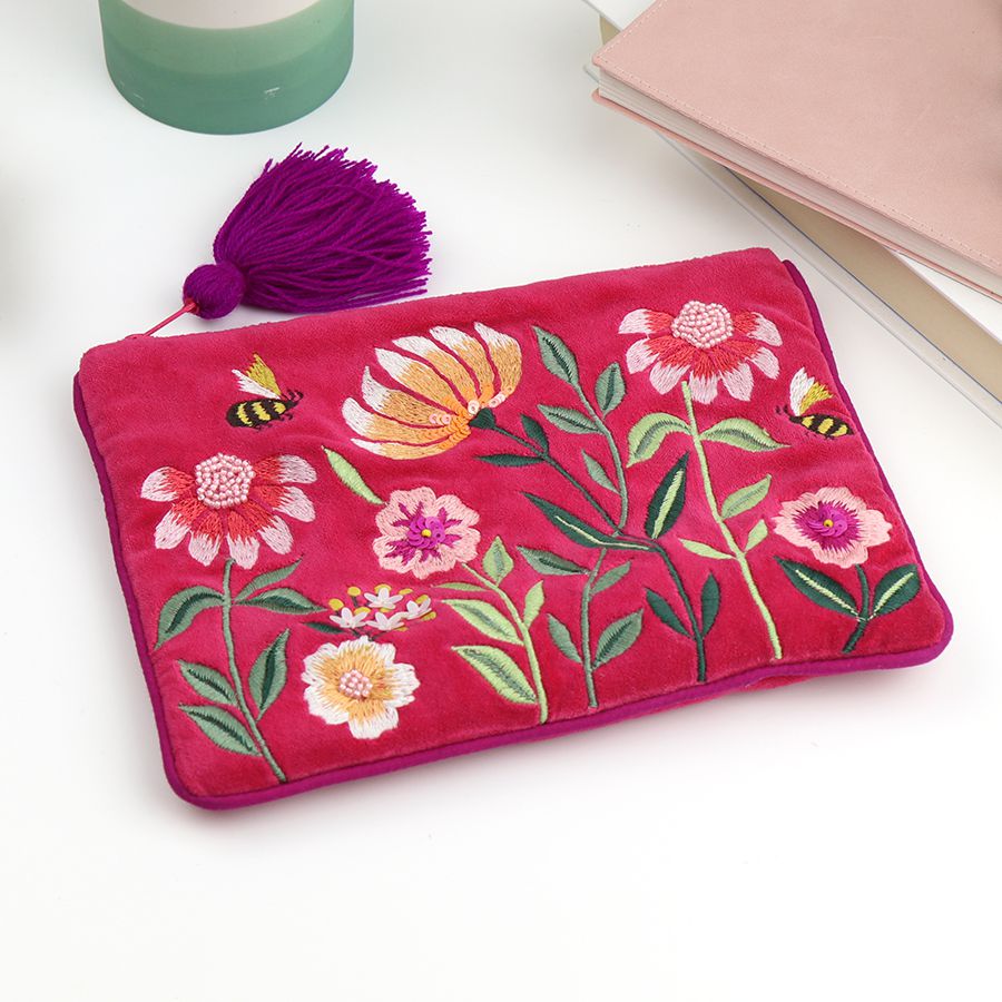 Fuchsia velvet floral bee scene coin purse