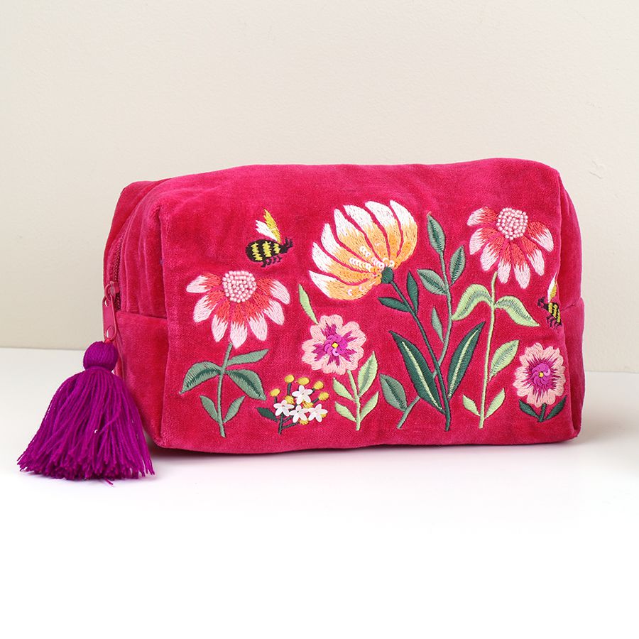 Fuchsia velvet floral bee make-up bag