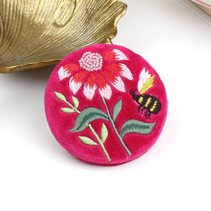 Fuchsia Velvet Bee & Flower Campact Handbag Mirror