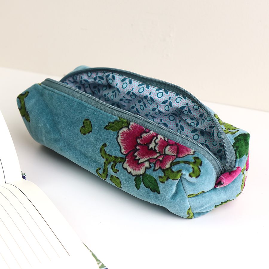 Blue and pink mix printed velvet botanical zip pouch