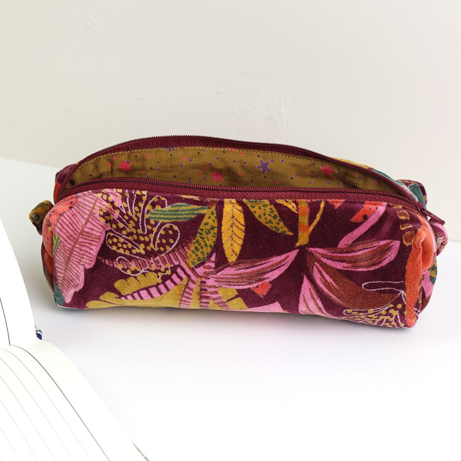 Rust and red mix printed velvet botanical zip pouch