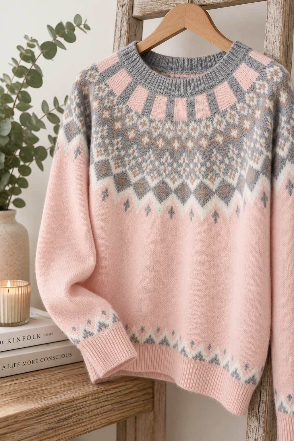 Soft Nordic Knit Jumper – Pink & Grey