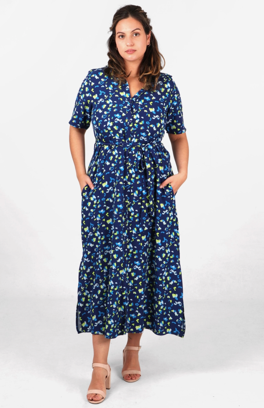 Abstract Print Button Down Maxi Shirt Dress in Navy Blue