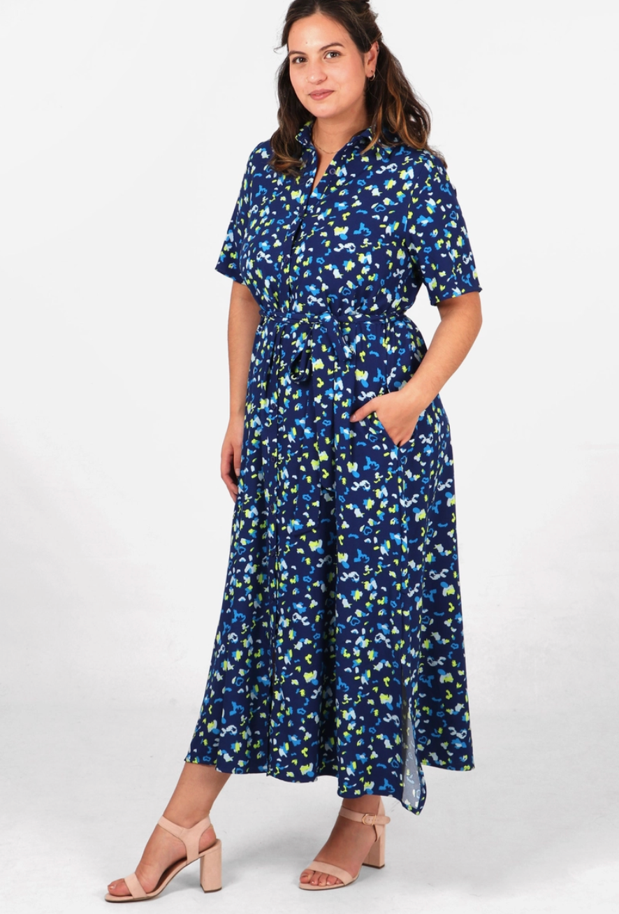 Abstract Print Button Down Maxi Shirt Dress in Navy Blue