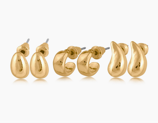 Set of 3 Organic Shaped Earrings | Gold Tone