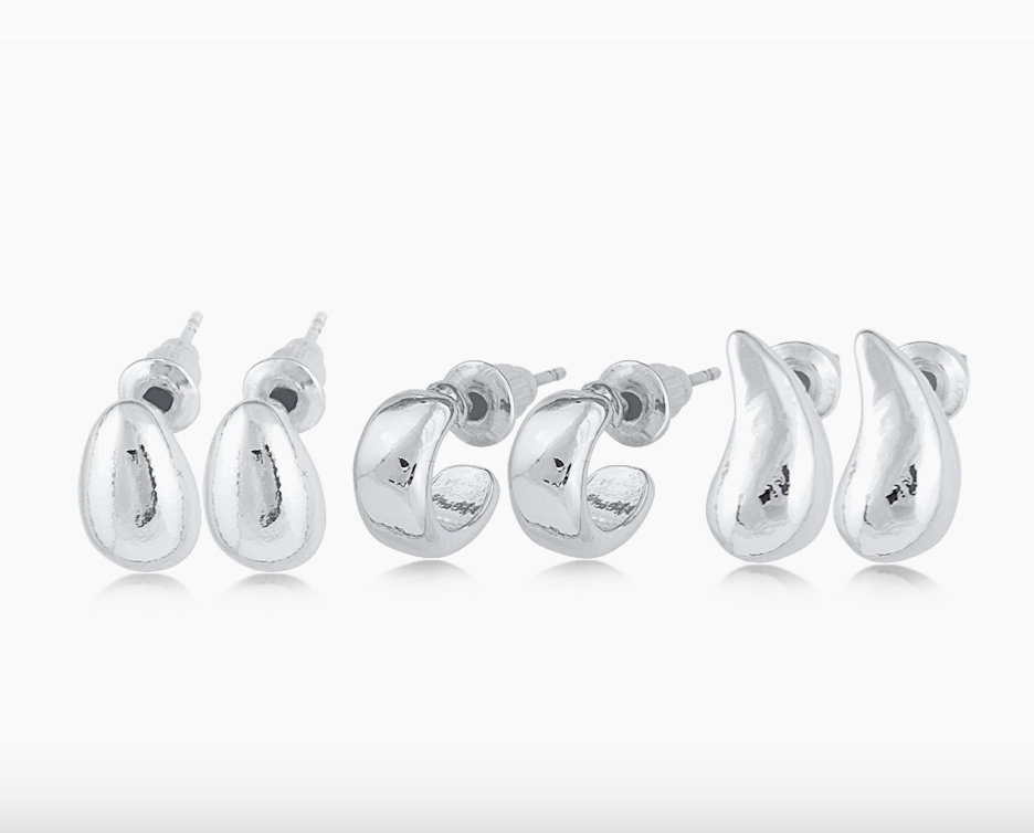 Set of 3 Organic Shaped Earrings | Silver Tone