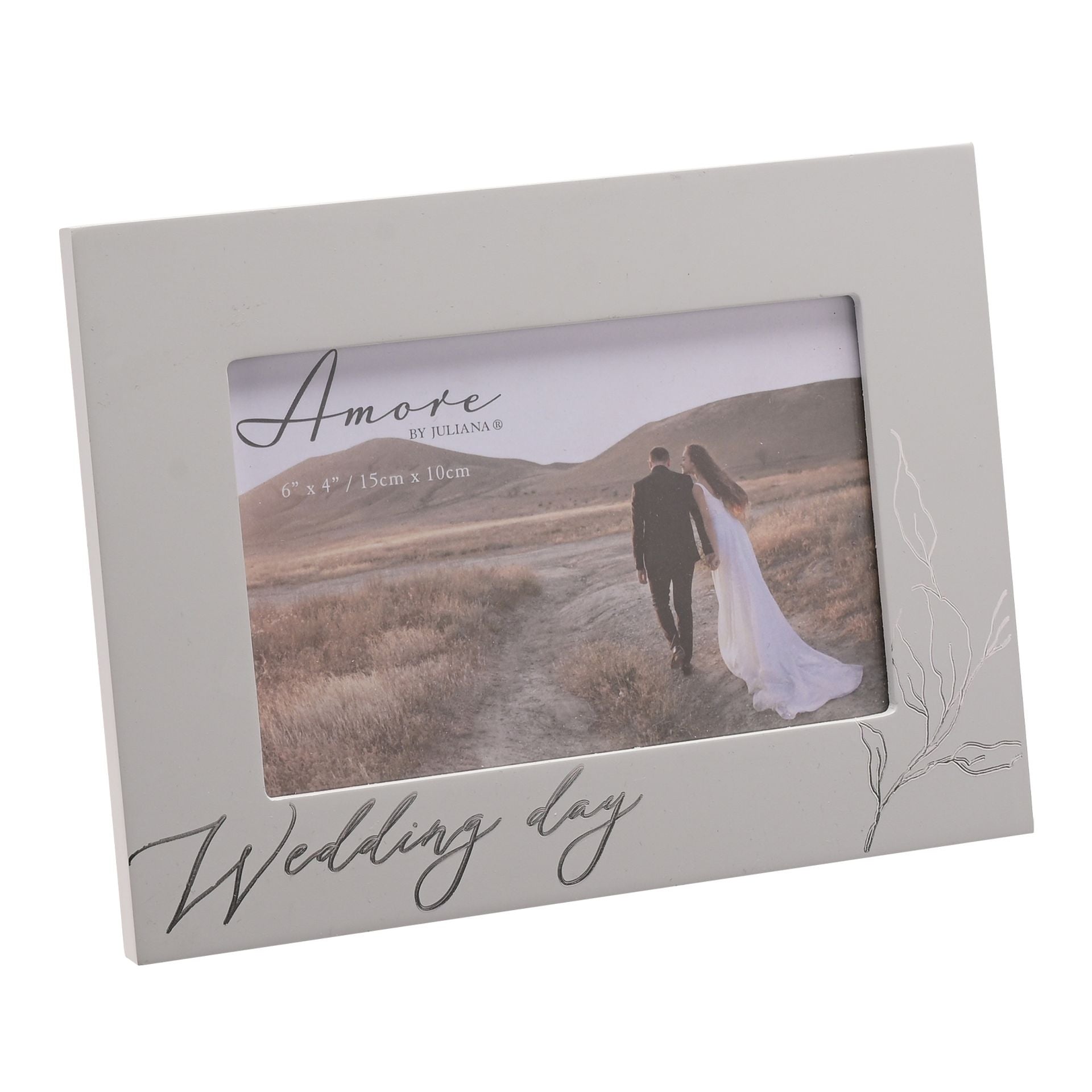 Grey wooden photo frame saying wedding day and with a foliage motif