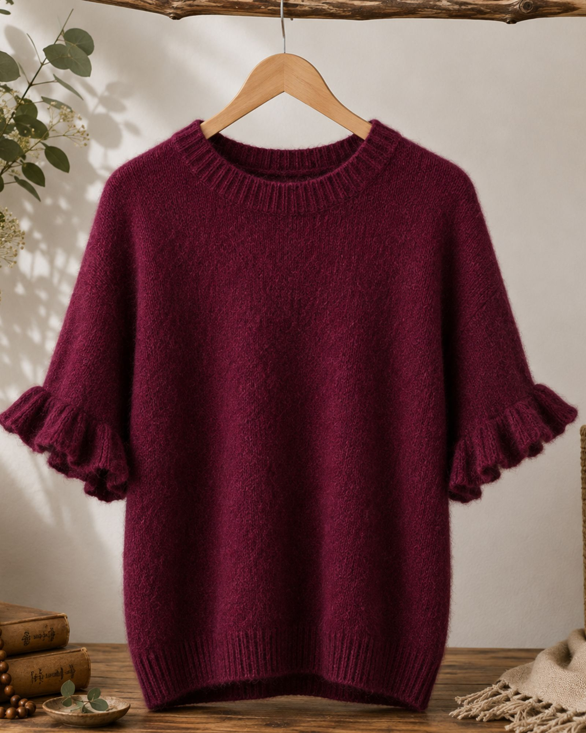 Alpaca Blend Frill Sleeve Knit – Berry