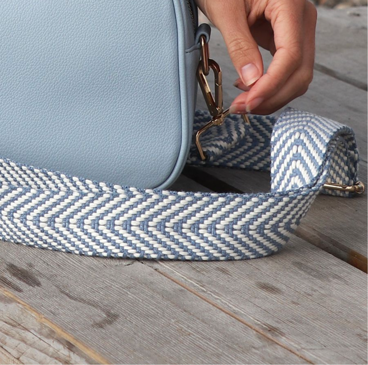 Blue and White Woven Chevron Bag Strap