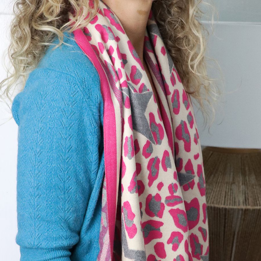 Cream, pink and grey animal print and star scarf