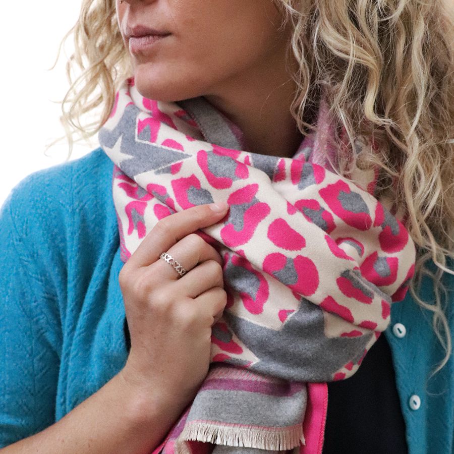 Cream, pink and grey animal print and star scarf