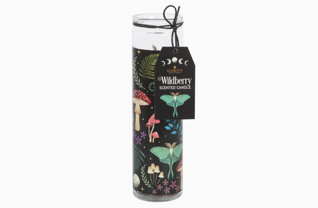 Glass tube scented candle with a 'mystical forest' design with toadstools, moths and various foliage. There is a tag saying Wildberry Scentded Candle showing a mystical moth and moon phases