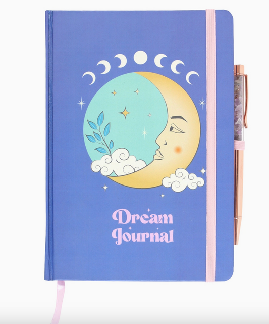 blue dream jounral notebook with celestial moon design, pink elastic strap and rose gold pen filled with amethyst chips