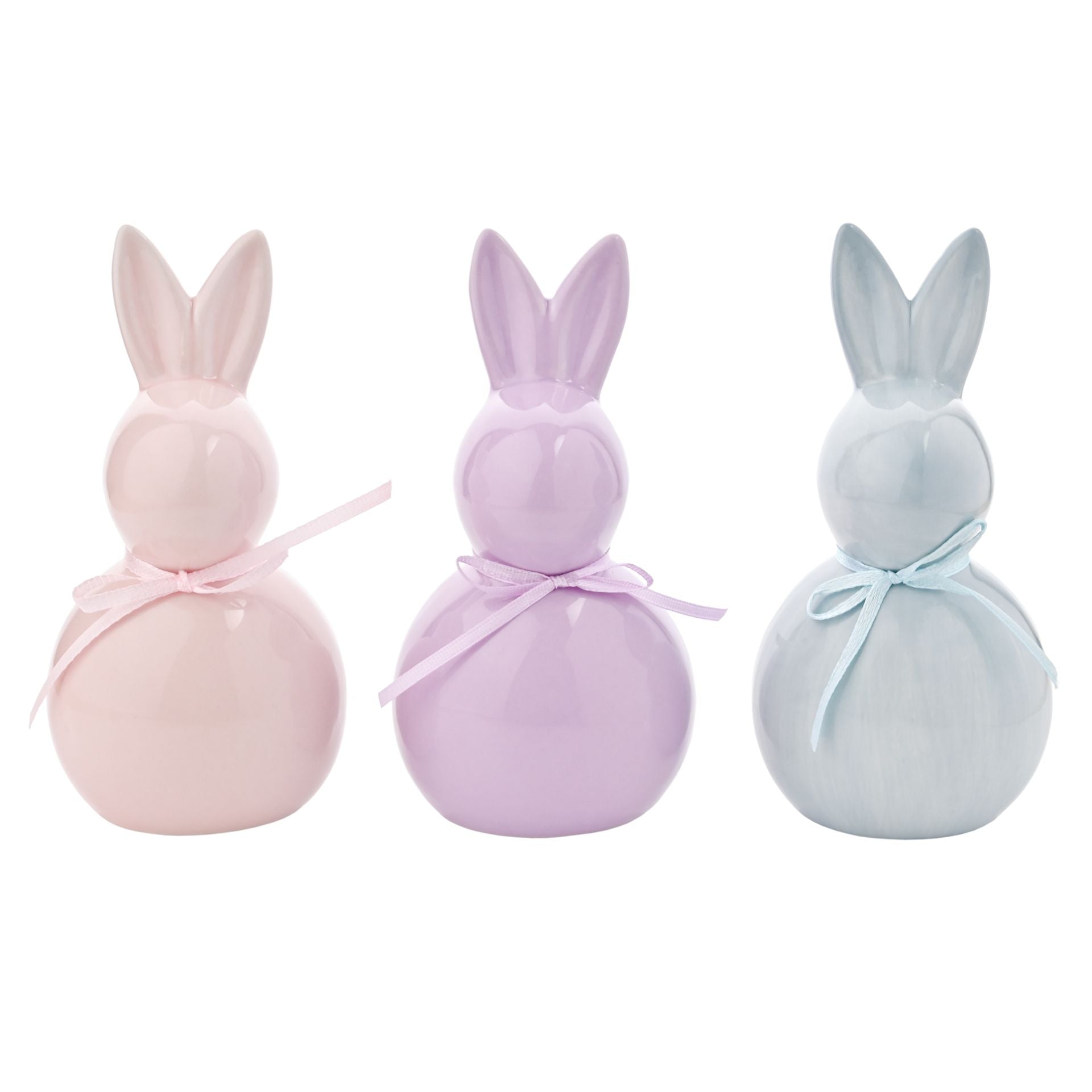 set of 3 ceramic bunny ornaments in pastel shades of pink, purple and blue.  Each has a co-ordinating ribbon bow around it's neck