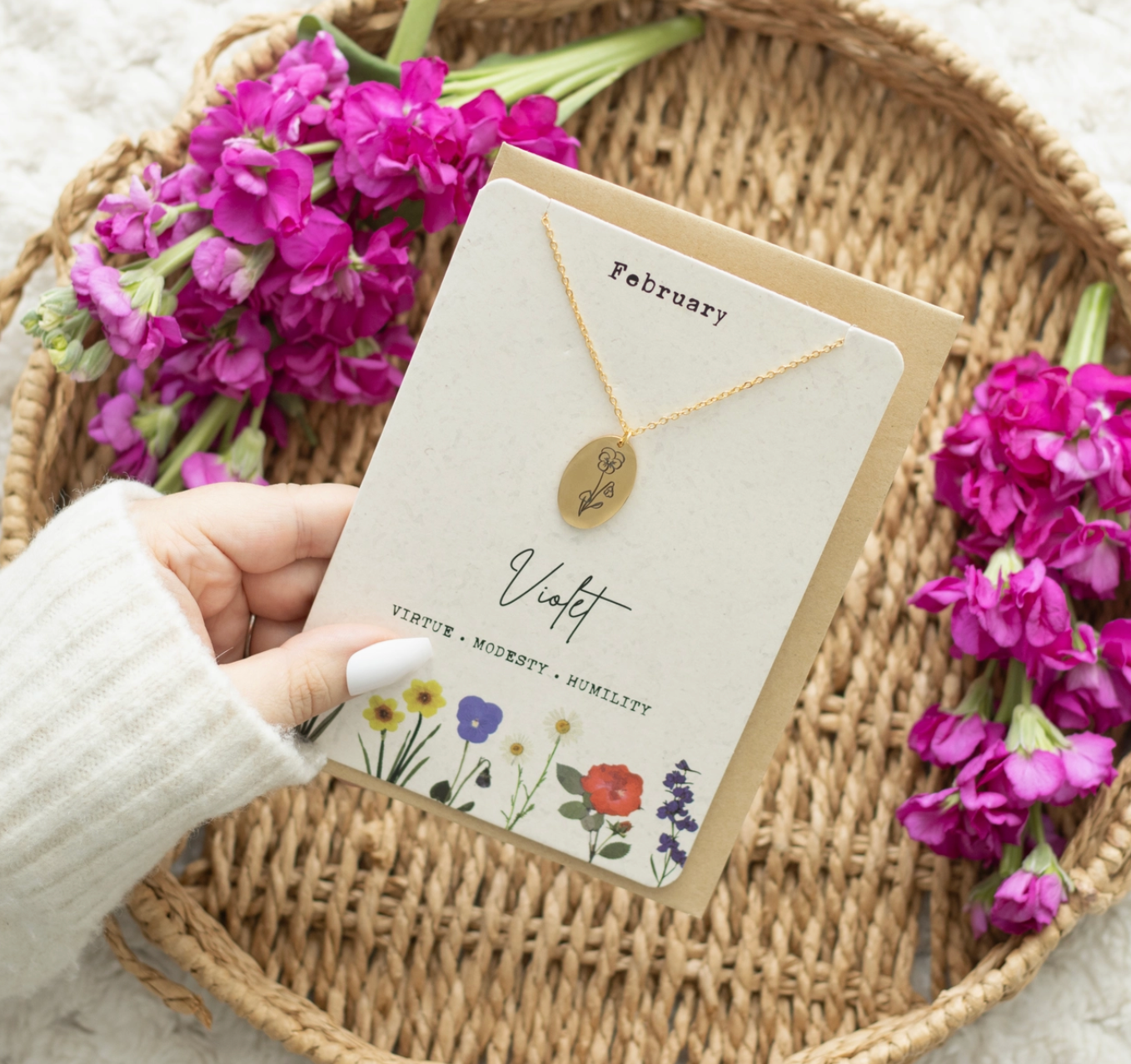 February Violet Birth Flower Necklace On Greeting Card