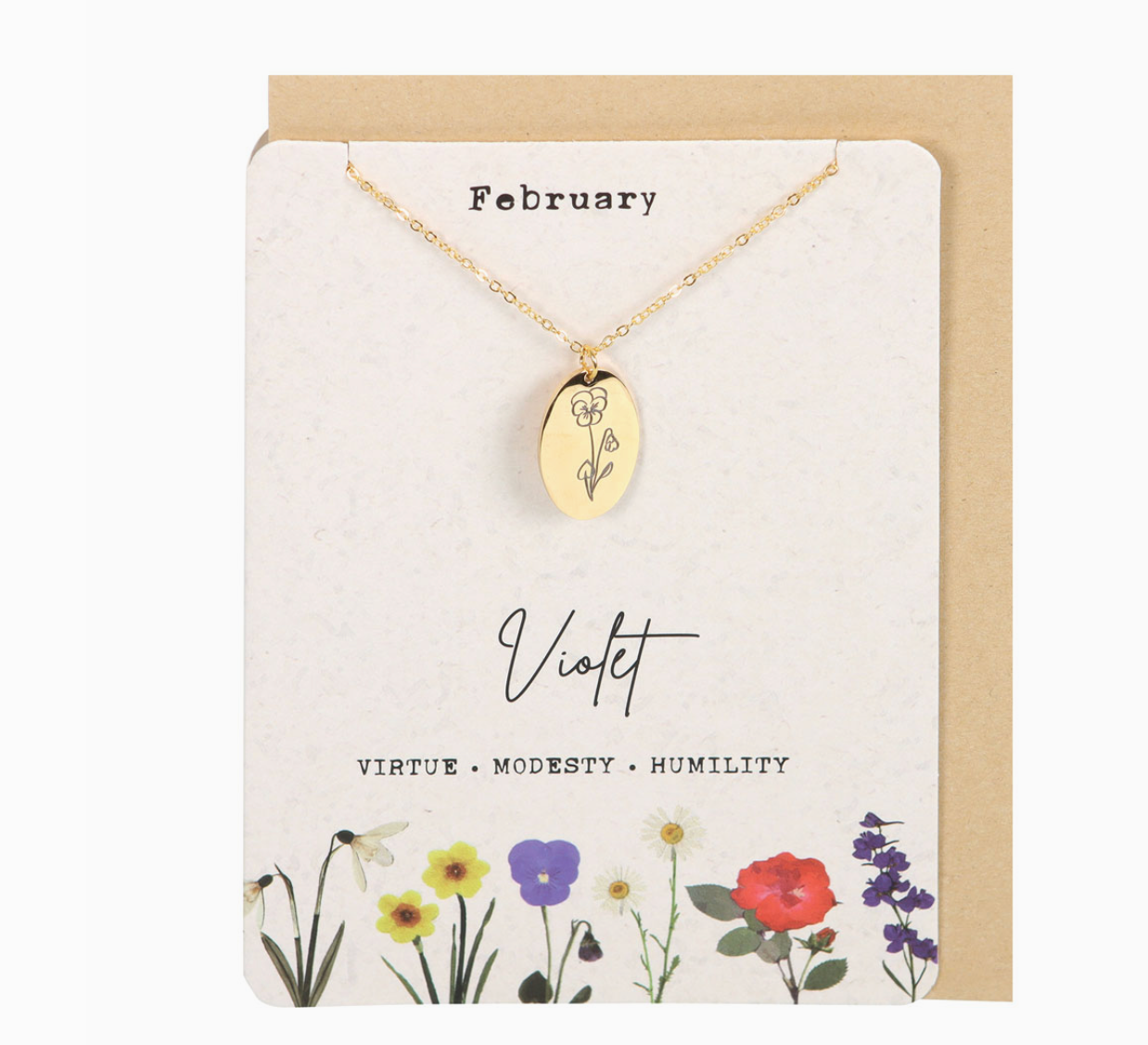 February Violet Birth Flower Necklace On Greeting Card