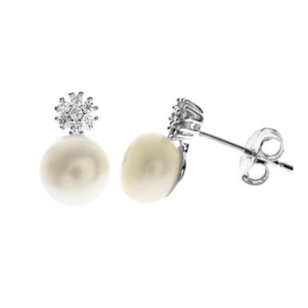 Freshwater Pearl and Cubic Zirconia Cluster Sterling Silver Studs