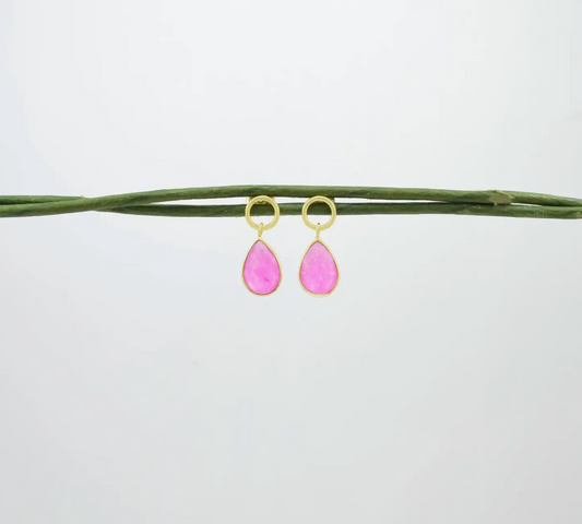 Circle Post & Pink Fuchsia Jade Teardrop Earrings