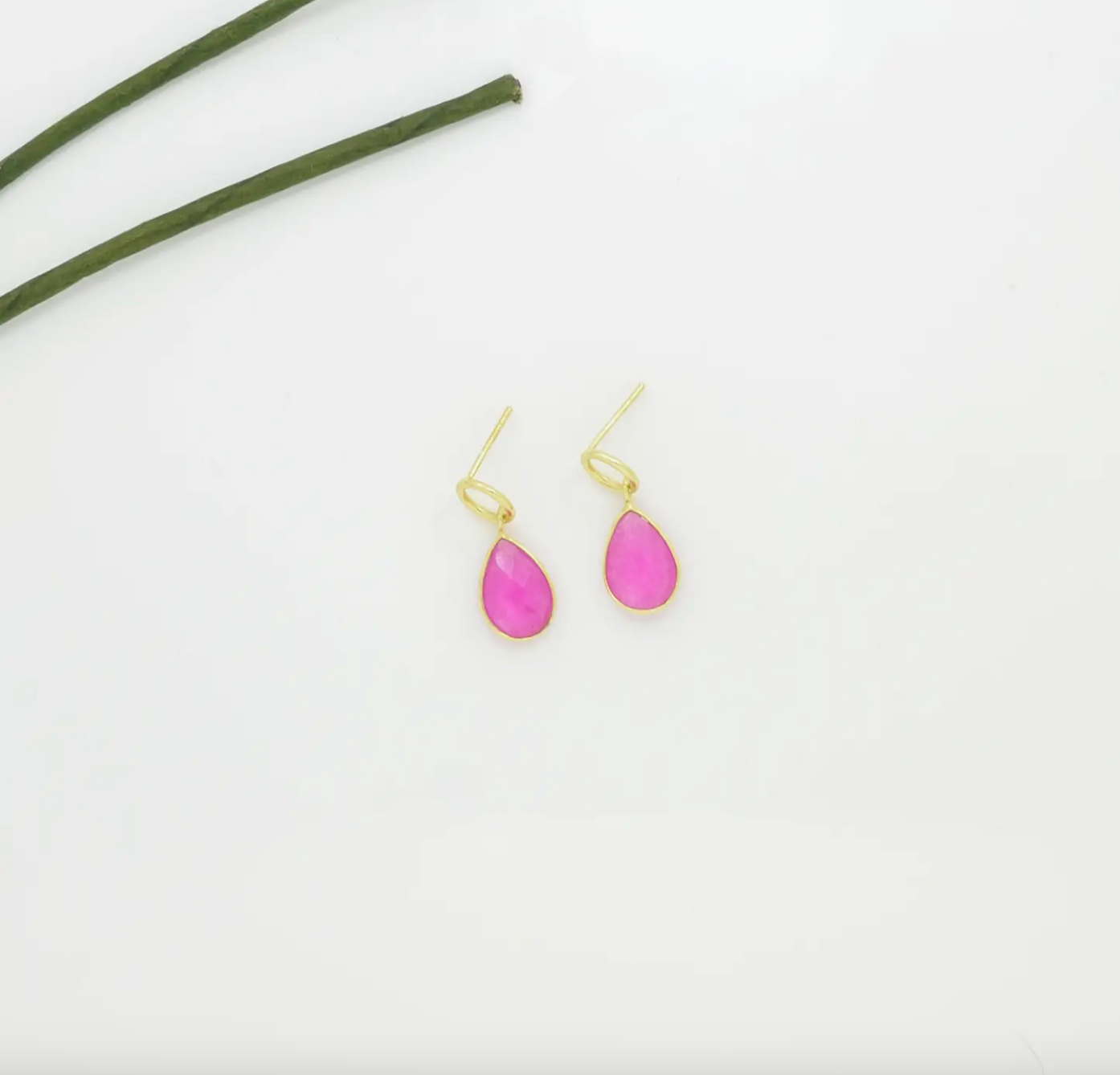 Circle Post & Pink Fuchsia Jade Teardrop Earrings
