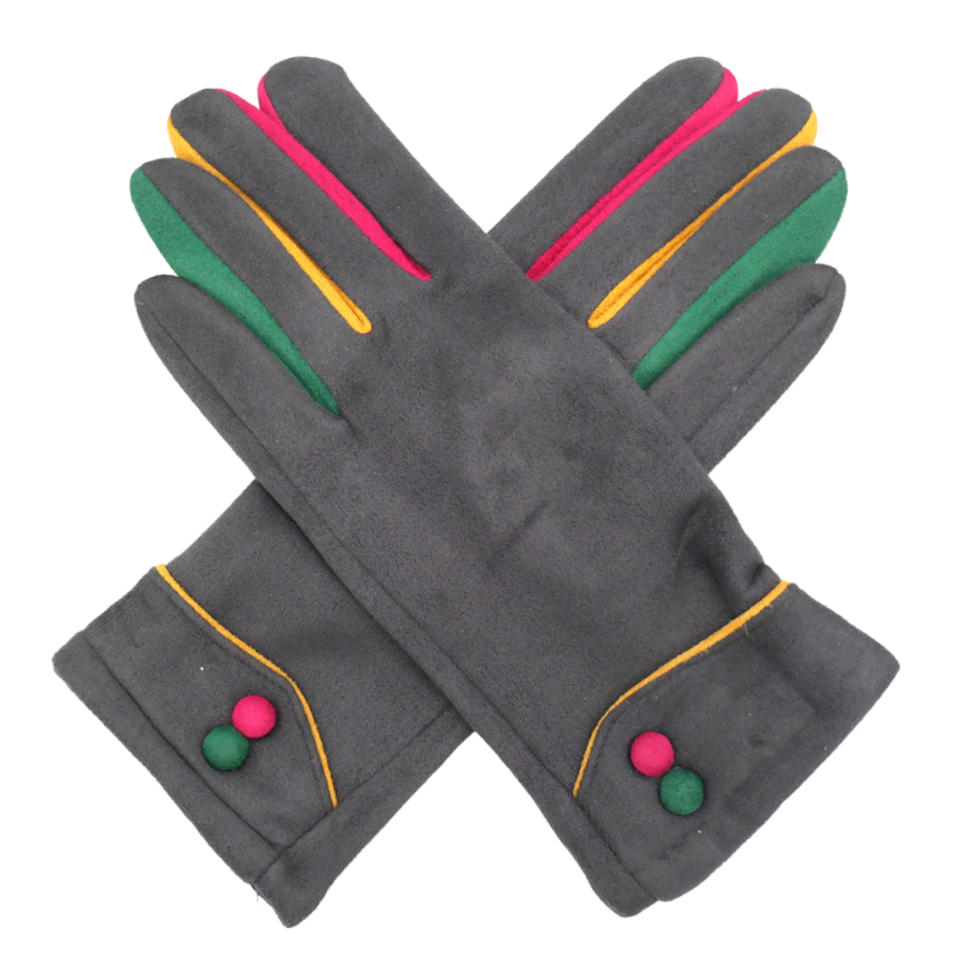 Grey Multi-Coloured Button Gloves