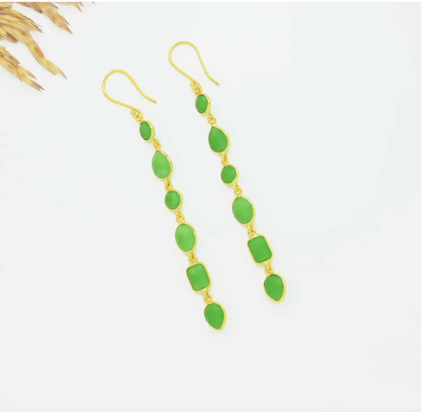 Green Chrysoprase Long Dangle Earrings