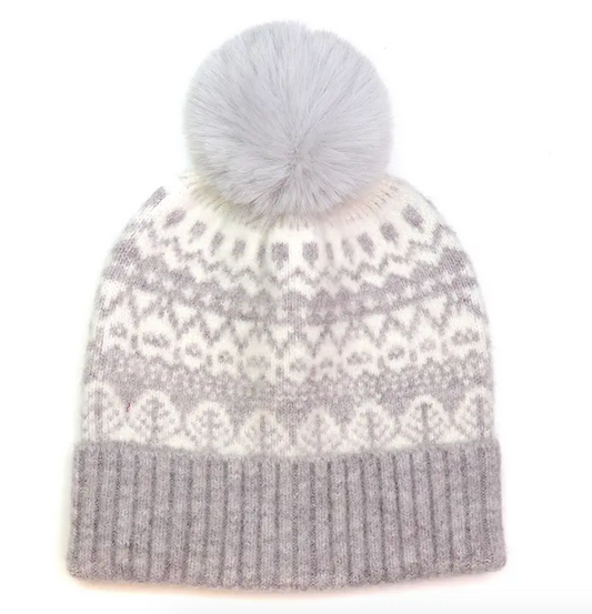 Cosy Grey Fair Isle Bobble Hat