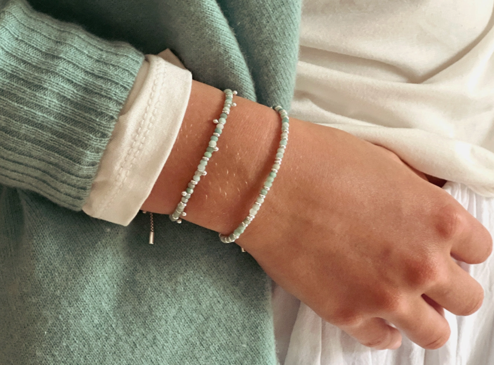 Harmony Amazonite Silver Beaded Slider Bracelet | Boho Betty