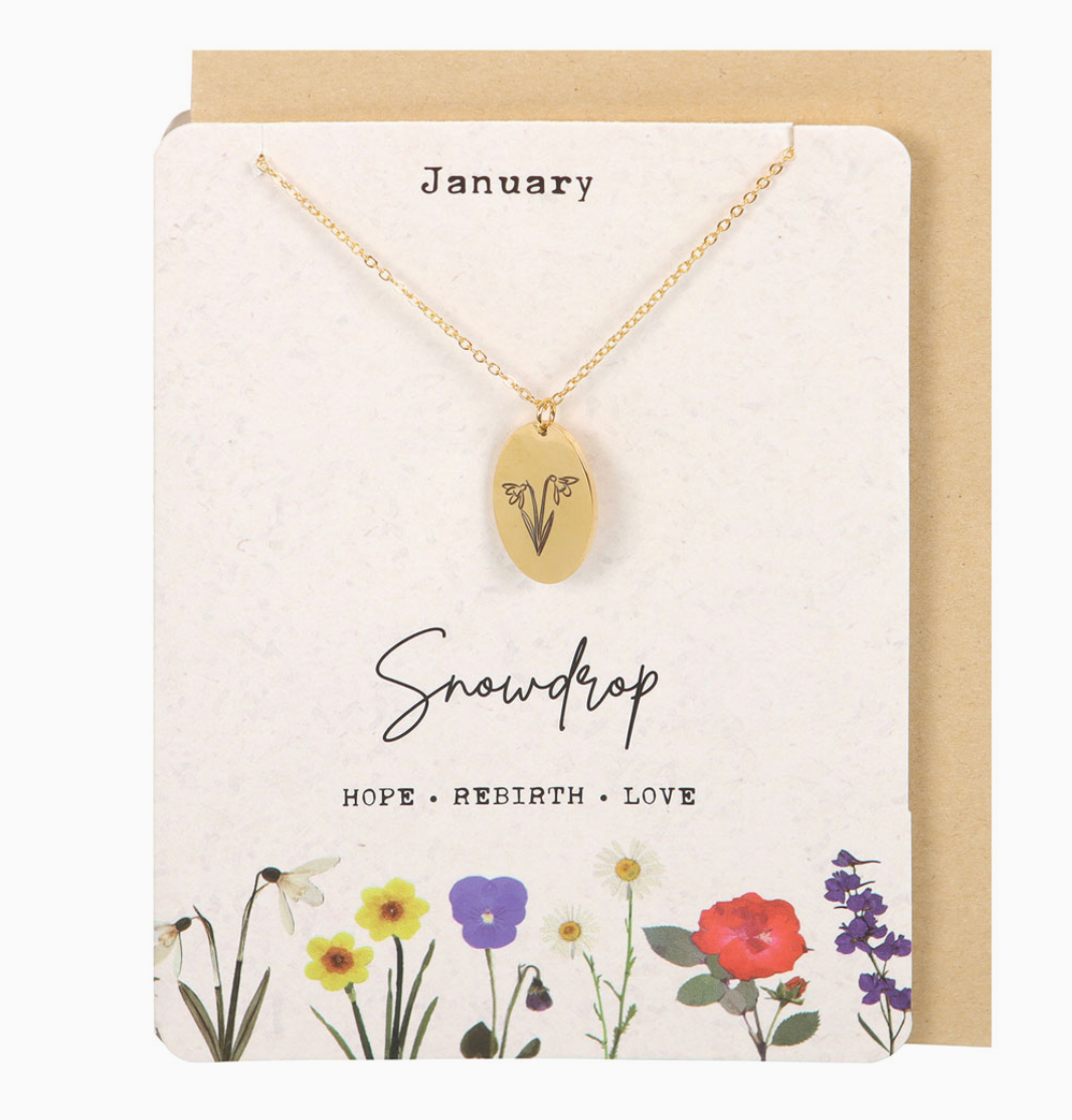 January Snowdrop Birth Flower Necklace On Greeting Card