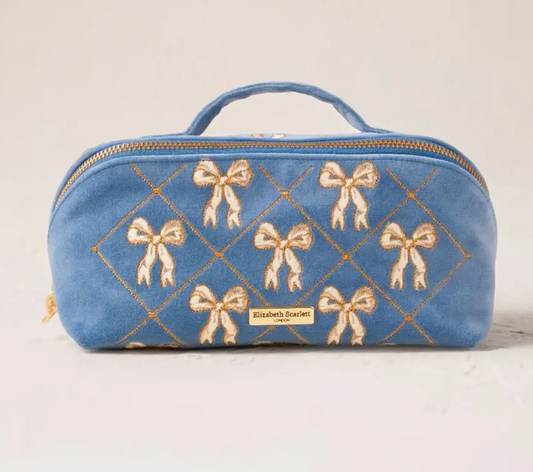 Elizabeth Scarlett Bow Open Flat Makeup Bag | Blue Velvet Cosmetic Bag
